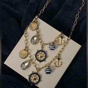 Nautical Gold Navy Boat Seashell Anchor Charm Statement Necklace Bracelet Set